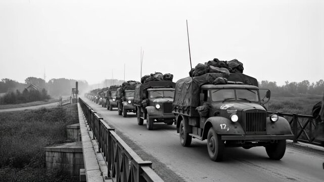 WWII Military Convoy Crossing Bridge - A black and white video depicting a long line of military trucks, heavily laden with supplies, crossing a bridge during World War II.