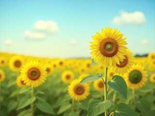 Fototapeta premium 青空の下の鮮やかな黄色いひまわり畑夏の風景