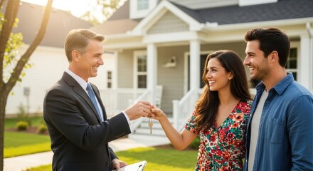 A real estate agent handing over keys to a couple in front of a house.