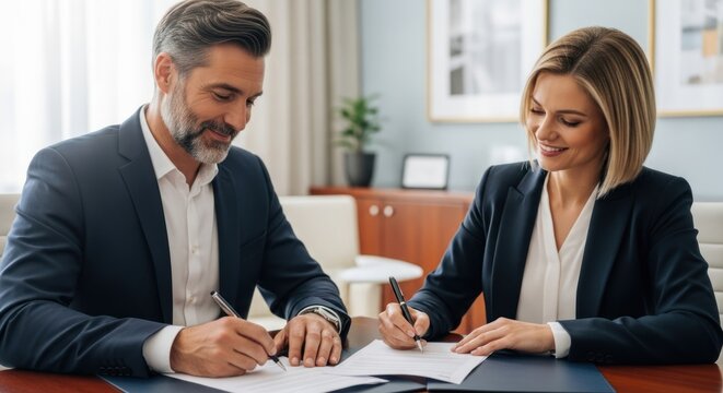 Two business professionals in a formal office setting, signing a document.