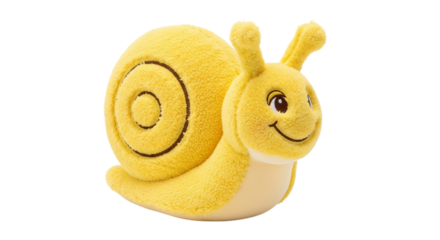 Cute yellow snail plush toy isolated on transparent background