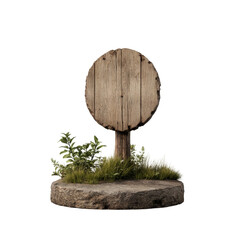 Rustic wooden sign on stone base with greenery