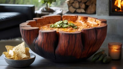 Wood Bowl Filled With Cheese Dip Jalapenos and Tortilla Chips on Table Near Fireplace
