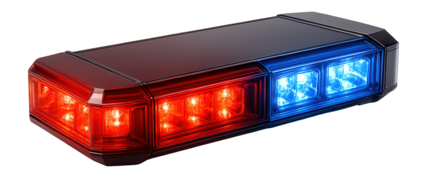 Rectangular police light bar with red and blue flashing lights.