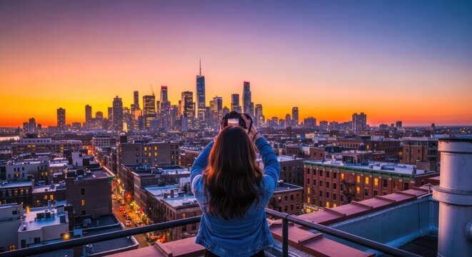 A woman taking a photo of a city skyline at sunset from a rooftop.