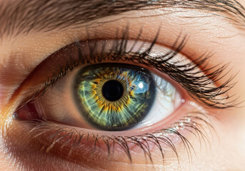 Fototapeta premium Close up of a vibrant green and yellow human eye with detailed iris