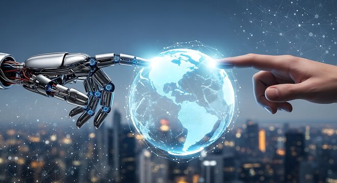 Robot and human hand touching a glowing blue globe over a city