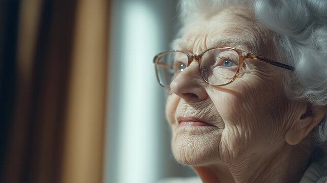 An elderly woman with white hair and glasses gazes upwards, her thoughtful expression reflecting a life of experience. - Powered by Adobe