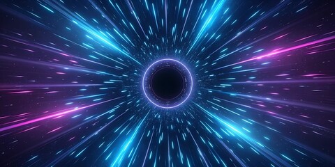 Futuristic Cosmic Background with Warp Speed Effect and Neon Light Streaks - A High-Quality Digital Art Image of a Black Hole Starburst.