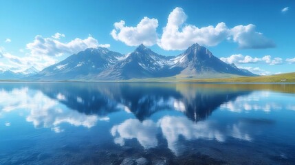 青い空と雲と山々が湖面に映る美しい風景 水面反射の自然美 パノラマ景色