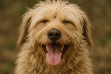 Fototapeta premium Pure Joy: Fluffy Brown Dog Smiling with Tongue Out