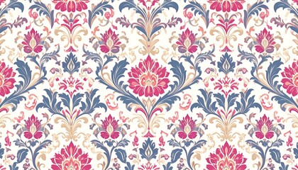 Fototapeta premium A rich, symmetrical damask pattern showcases vibrant blooms and ornate foliage, creating a sophisticated and elegant design.