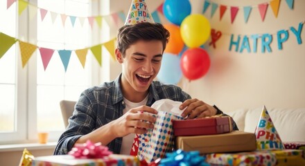 A young man opening a birthday gift with a smile on his face.