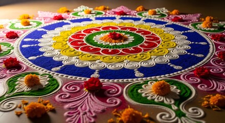Vibrant Rangoli Art and Marigold Flowers