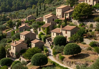 Fototapeta premium Rustic Mediterranean stone village on a lush hillside, traditional European mountain houses with terracotta roofs, scenic rural landscape