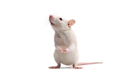 A curious white rat stands tall whiskers twitching lost in thought against a clean bright white