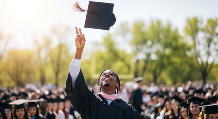 A man in a graduation gown throwing his mortarboard cap into the air.