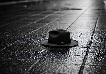Black and white image of a hat lying on a wet tiled pavement after a rain