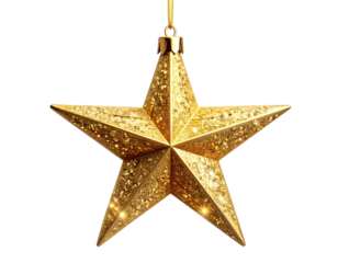 A single hanging gold glitter six-point Christmas star decor element isolated on a transparent background.