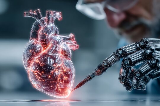 A futuristic scene of an AI-powered humanoid robot collaborating with a scientist. The robotic hand touches a glowing, holographic human heart, symbolizing cutting-edge medical technology, innovation.