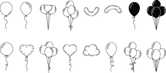 Balloon icon set, heart balloon, cloud balloon, sausage balloon, black silhouette, outline style, party decoration, vector illustration