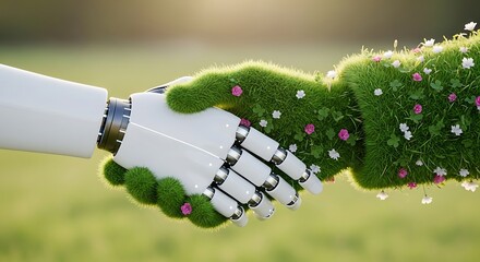 Robot hand shaking green grass hand with small flowers in a natural setting