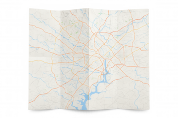 Paper road map folding, displaying colorful route lines, geographic features on transparent background