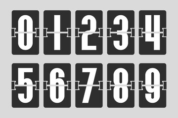 Set of icons flip numbers. Mechanical scoreboard with numbers. Countdown or time timer. Attribute of a sports match, train station or airport. Raster icons.
