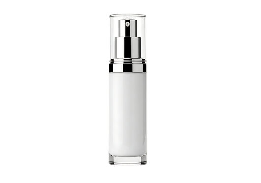 White cosmetic bottle with silver pump dispenser isolated on transparent background
