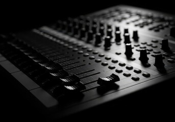 Close-up view of a professional audio mixing board with numerous faders and knobs in a dimly lit studio setting
