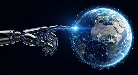 Robot hand touching the earth with a bright blue light