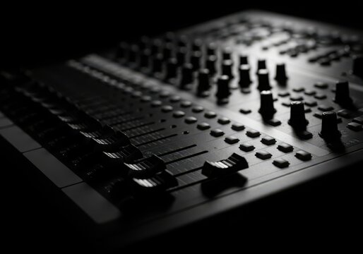 Close-up view of a professional audio mixing board with numerous faders and knobs in a dimly lit studio setting