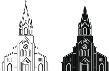 Fototapeta premium Church illustration, Gothic architecture, religious building, steeple design, black silhouette, line art, cross symbol, minimal style, vector graphic, faith icon