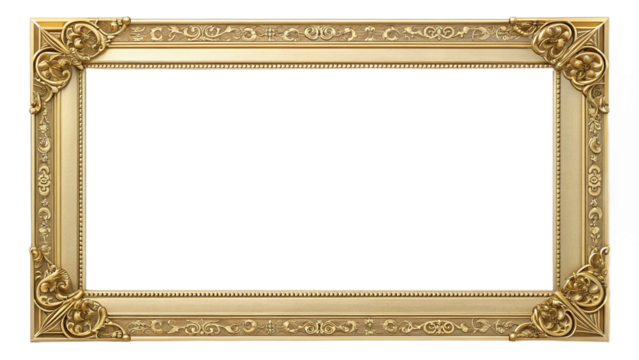 Golden ornate rectangular frame PNG transparent, luxury vintage border png, antique decorative frame cutout, royal photo frame png isolated, classic gilded rectangular frame design, empty gold border  - Powered by Adobe