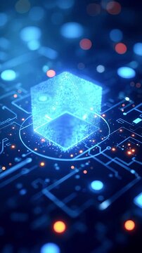 Futuristic digital cube floating above a circuit board, showcasing advanced technology in a vibrant environment
