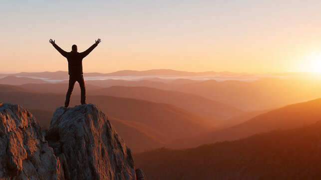 Man standing on top of a mountain cliff with raised arms celebrating success at sunrise.