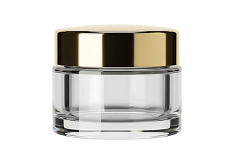 Empty glass cosmetic jar with gold lid isolated on transparent background