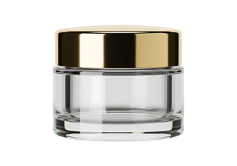 Empty glass cosmetic jar with gold lid isolated on transparent background