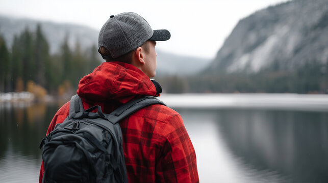 Man in red jacket with backpack and cap standing by a mountain lake and looking at the scenic view.