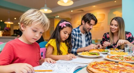 Fototapeta premium A family enjoying a meal at a restaurant, with pizza, fries, and burgers on the table.