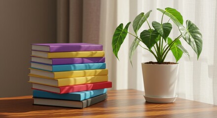 Stack of colorful books next to a green houseplant on a table