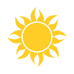 Bright yellow sun vector icon with circular center and wavy rays. Flat style sunshine symbol representing summer, warmth, energy, positivity, light, and nature. Perfect for logos, weather, and design.