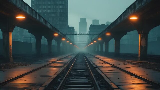 Moody urban railway station with wet tracks illuminated by glowing lamps under concrete overpass in misty city evening atmospheric scene