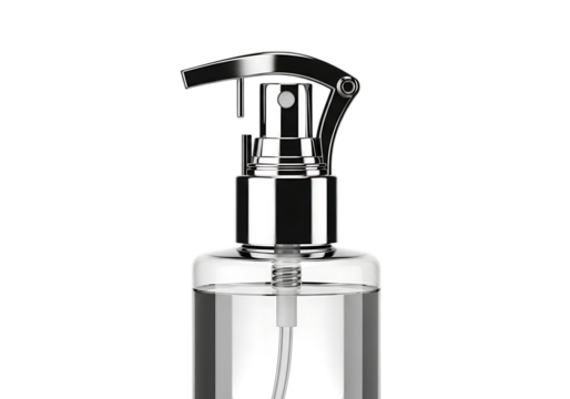 Clear glass spray bottle with chrome pump isolated on transparent background