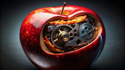 Biomechanical Apple Core: Aerial View of Futuristic Fruit with Glowing Internal Mechanisms