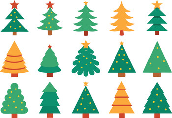 Collection of festive christmas trees with stars and ornaments