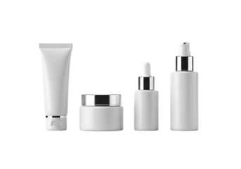 Set of cosmetic products including cream, bottle, tube, and dropper isolated on transparent background