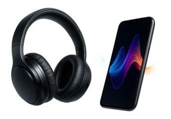 Headphones and smartphone with vibrant sound waves.
