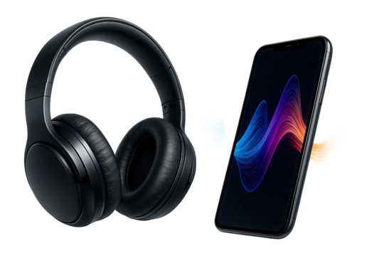 Headphones and smartphone with vibrant sound waves.