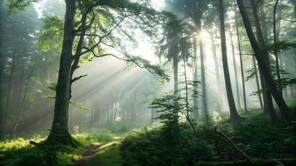 Obraz premium Sunlight filtering through a misty forest canopy on a tranquil morning